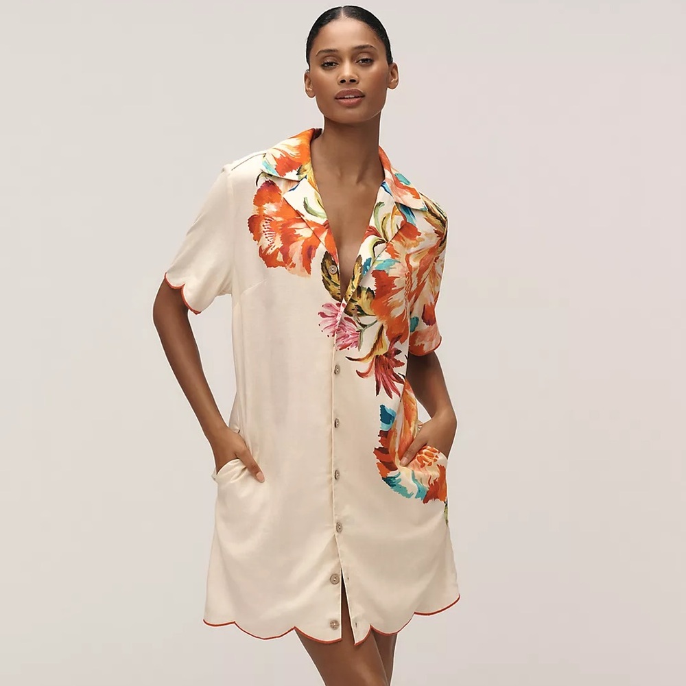 FARM Rio x Anthropologie Vibrant Tropical Floral Scalloped Shirt Dress XS NWT